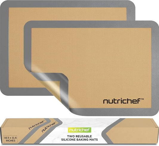 Nutrichef Silicone Baking Mats - 2 Non-stick Food-Grade Reusable Silicone Mats - Perfect for Half Baking Pans 16.5 x 11.6 IN - Oven-Safe Up to 480 Degrees F - Safe for Ovens & Dishwashers - Grey