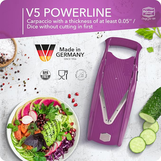 Börner Mandoline Slicer V5 (Starter Set) • Vegetable V-Slicer for Slices, Sticks & Dices in Various Sizes • With Stainless Steel V-Blade • Adjustable Kitchen Slicer • Color: Purple