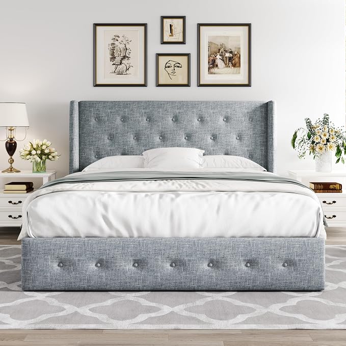 Allewie Queen Size Lift Up Storage Button-Tufted Bed Frame Blue Grey | Modern Wingback Headboard, Hydraulic Support Storage, No Box Spring Needed