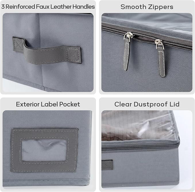 4" Low Profile Under Bed Storage Bins (2-Pack, Grey), Slim 600D Oxford Fabric Clothes Organizer Box with Reinforced Leather Handles, Sturdy Clear Lid
