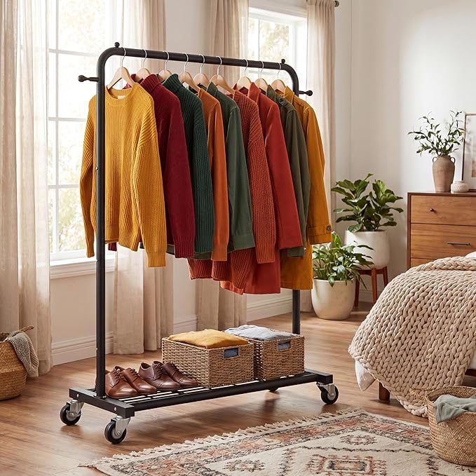 Sywhitta Clothing Rack on Wheels with Mesh Storage Shelf & Sturdy Metal Frame, Rolling Garment Rack for Hanging Clothes, Coats, Skirts, 39.76" L x 16" W x 64.56" H,Black