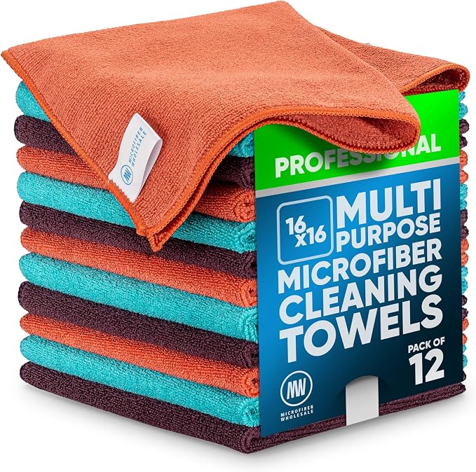 MW Pro Microfiber Cleaning Cloth | Coral, Teal, Plum | 12 Pack | 16” x 16” | All Purpose Microfiber Towels - Clean, Dust, Polish, Scrub, Absorbent