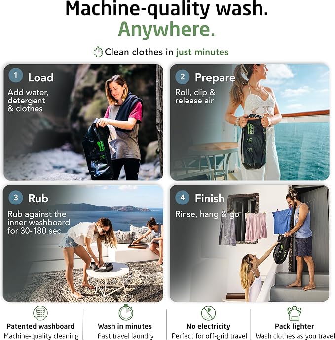 Scrubba Wash Bag Patented Washboard-in-a-Bag™ 5 oz Travel Clothes Washer | Pack Light, Wash Anywhere Fast, Internal Washboard, Machine-Quality Wash, No Electricity, Camping, Backpacking, RV, Cruises
