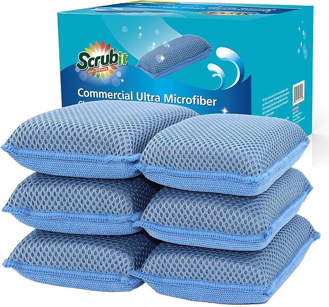 Miracle Microfiber Kitchen Sponge by Scrub-It (6 Pack) - Non-Scratch Heavy Duty Dishwashing Cleaning sponges- Machine Washable - (Blue)