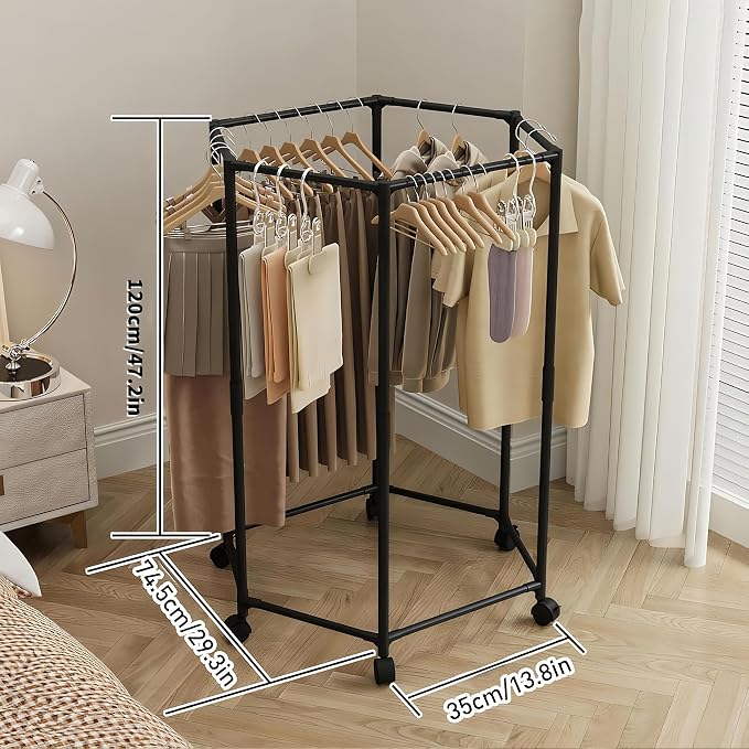 360° Rotating Multi-Tier Clothes Drying Rack with Wheels | Heavy-Duty Metal Garment Organizer for Bedroom, Closet, Balcony & Laundry Room | Space-Saving Corner Clothing Hanger Stand