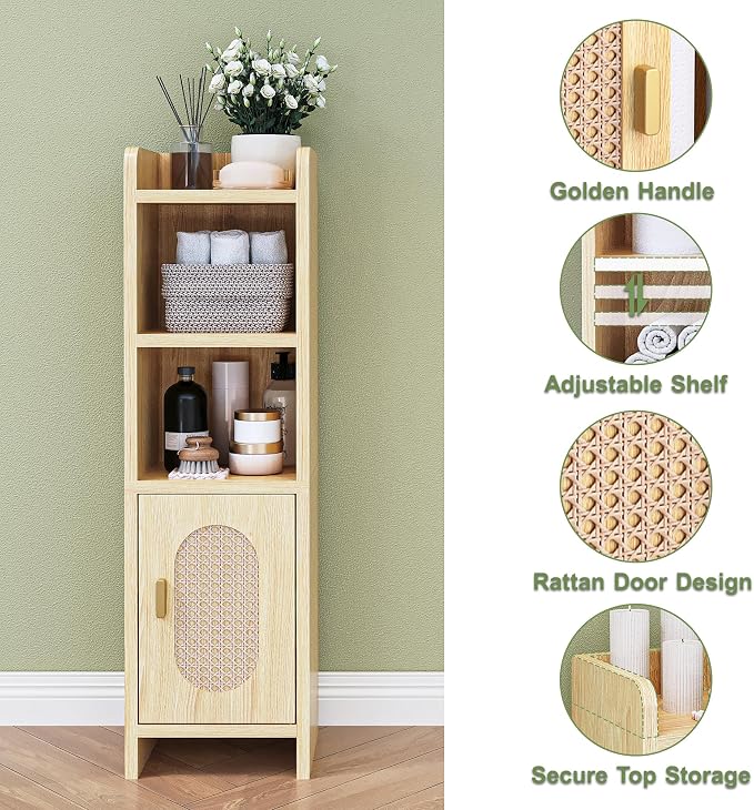 Small Bathroom Storage Cabinet, Narrow and Slim Storage Cabinet with Rattan Door and Adjustable Shelves, Corner Floor Bathroom Organizers and Storage for Small Space, Natural HSC001N