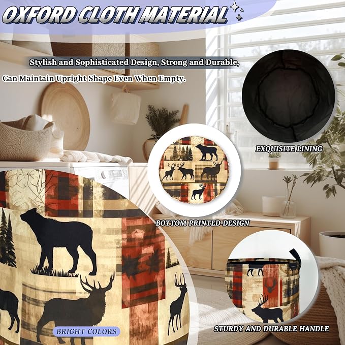 Vintage Forest Bear Laundry Basket Foldable Funny Animal Deers Laundry Hamper With Handle Oxford Cloth Portable Clothes Storage Basket Laundry Bag 18.9"x16.5" For Laundry Room/Bedroom/Bathrooms