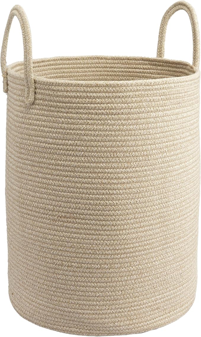 Woven Cotton Rope Laundry Basket, 15" x 20" Laundry Hamper, Oatmeal | Rope storage basket for dirty clothes, toys and blankets. Perfect for bathroom, baby nursery and living room storage.