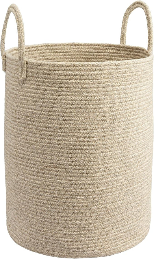 Woven Cotton Rope Laundry Basket, 15" x 20" Laundry Hamper, Oatmeal | Rope storage basket for dirty clothes, toys and blankets. Perfect for bathroom, baby nursery and living room storage.