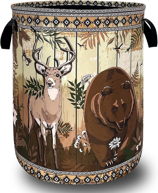 Funny Laundry Basket Oxford Cloth Forest Animal Bear and Deer Laundry Hamper With Handle Foldable Portable Clothes Storage Basket Colorful Laundry Bag 18.9"x16.5" For Laundry Room/Bedroom/Bathrooms