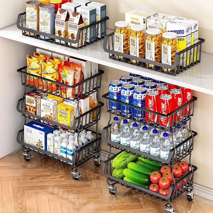 Gsiekare 3-Tier Rolling Pantry Organizer and Storage Cart with Wheels | Stackable wire pantry baskets for pantry shelves, fruit basket stand, easy to move, storage rack for food snack onion potato