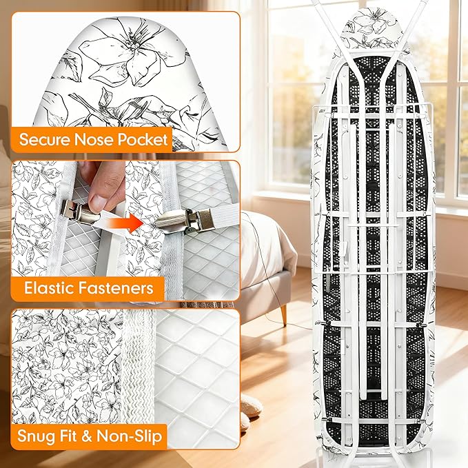 Ironing Board Cover and Pad, 21x57 Extra Large Thick Iron Padding, Scorch & Stain Resistant Ironing board cover, Heavy Duty Iron Board Padded with Adjustable Fasteners Elastic Edge, Floral White