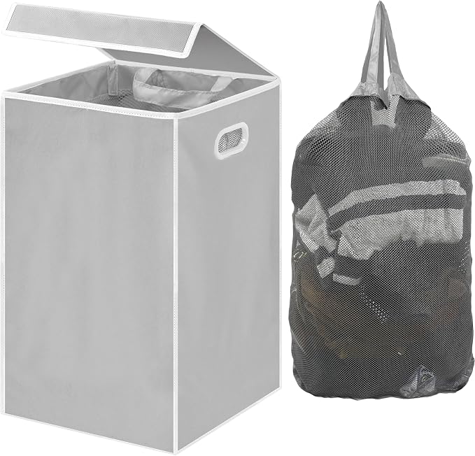 Simple Houseware Foldable Laundry Hamper Basket with Lid and Bag, Gray