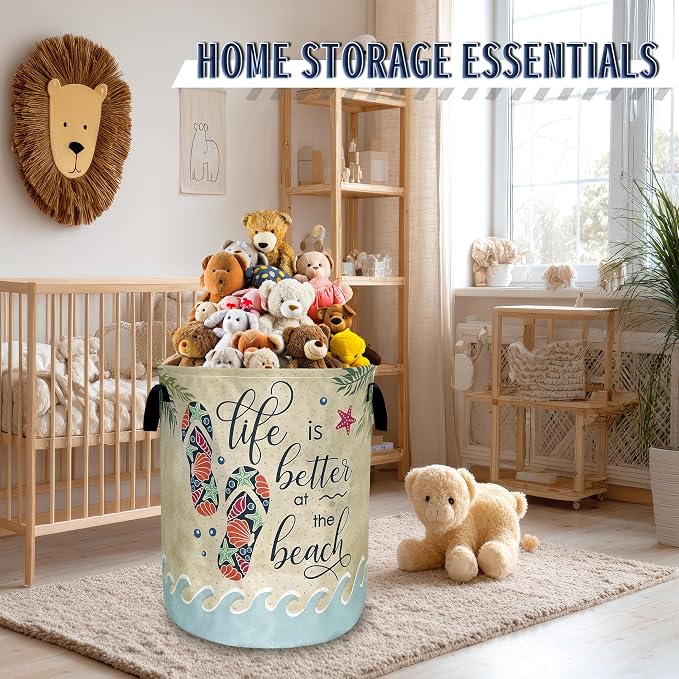 Funny Beach Laundry Basket Oxford Cloth Colorful Hawaii Laundry Hamper With Handle Foldable Portable Clothes Storage Basket Ocean Laundry Bag 18.9"x16.5" For Laundry Room/Bedroom/Bathrooms