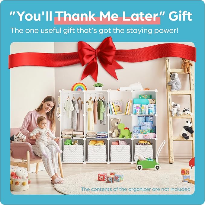 CUBEDIY Baby Closet Organizer for Nursery: Durable Baby Wardrobe for Closet - Customizable Baby Dresser Amoire Shelves - Waterproof Shelf Clothes Organizer w/Wall Fixation (White)