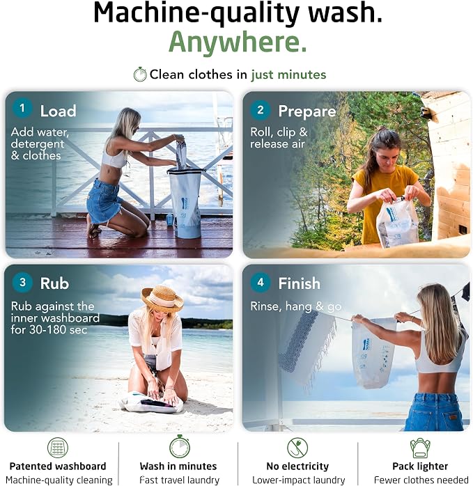 Scrubba Wash Bag Untouched Patented Washboard-in-a-Bag™ 5 oz Travel Washer | Pack Light, Wash Anywhere Fast, Inner Washboard, Machine-Quality Wash, Non-Electric, Recycled Polyester, Sustainable Travel