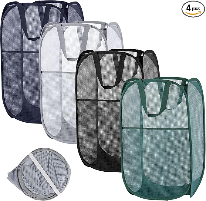 4Pcs Pop Up Laundry Basket Set, Collapsible Pop Up Hamper in 4 Colors, Mesh Laundry Basket for Home, Dorm, Travel & Storage