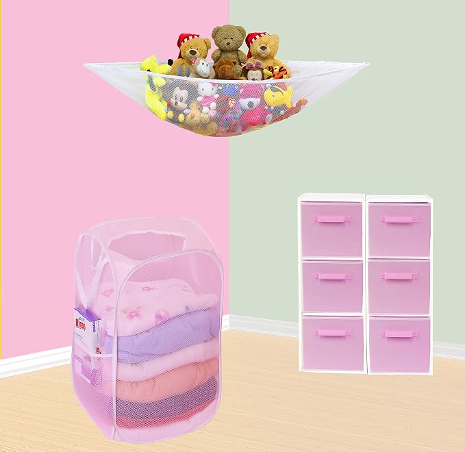 Simple Houseware Mesh Pop-Up Laundry Hamper with Side Pocket, 2 Pack, Pink