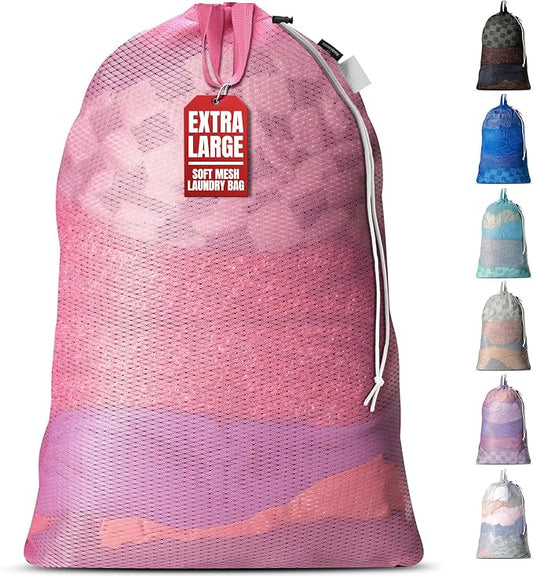 Handy Laundry Mesh XL Laundry Bag 24"x36" with Shoulder Strap, Pink | XL 24x36 Mesh Laundry Bag, Handles & Shoulder Strap, Breathable, Machine Washable, Dorm Travel Bedding, Pink