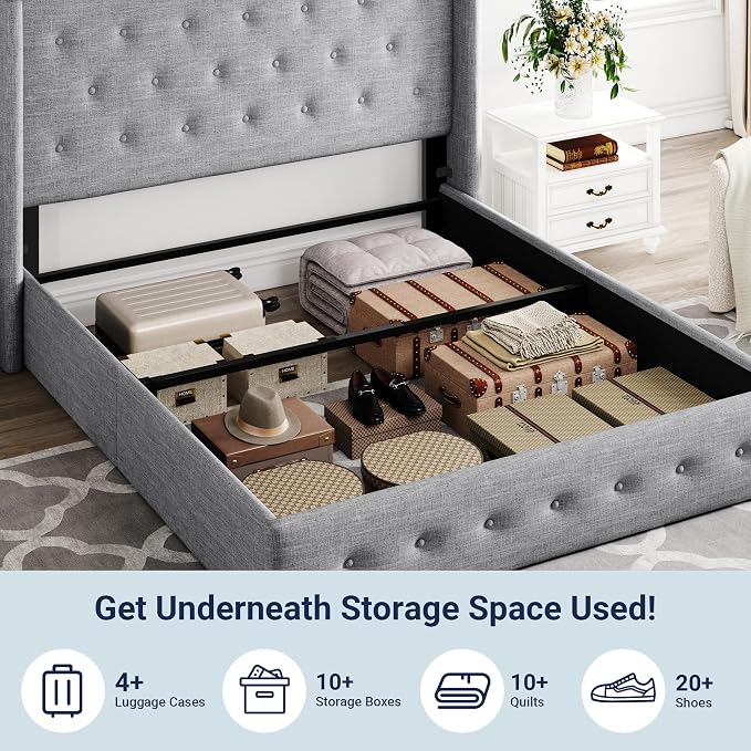 Allewie Queen Size Lift Up Storage Button-Tufted Bed Frame Light Grey | Modern Wingback Headboard, Hydraulic Support Storage, No Box Spring Needed