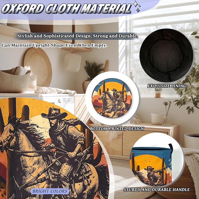 Western Cowboy Laundry Basket Oxford Cloth Desert Riding Laundry Hamper With Handle Foldable Portable Clothes Storage Basket Western Funny Laundry Bag 18.9"x16.5" For Laundry Room/Bedroom/Bathrooms