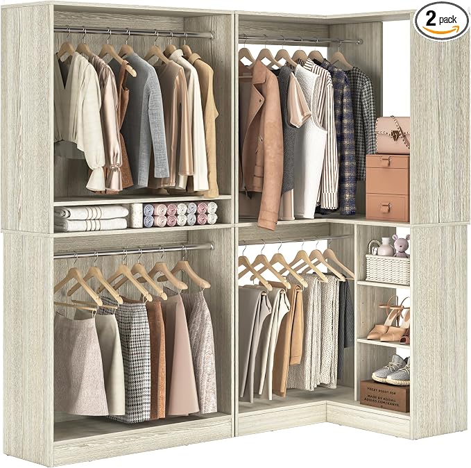 Unikito Corner Closet System, 72" L-Shaped Closet Organizer with 4 Hanging Rods, Freestanding Walk-in Closet Storage Tower for Bedroom, White Oak