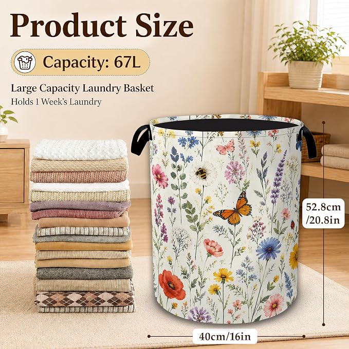 Wildflower Butterfly Collapsible Laundry Hamper for Bedroom, Freestanding Oxford Clothes Basket, Large Foldable Storage Bin with Easy-Carry Handles for Bathroom Dorm Laundry Room