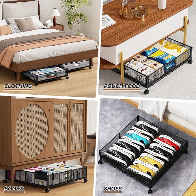 PHINOX Under Bed Storage with Wheels & Handle,Metal,Large,4 Pack,Black | Tool-free assembly, glide smoothly, easy reach, foldable, maxmazie low-profile beds, dorm, keep seasonal clothes, shoes fresh