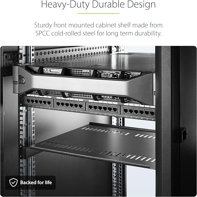 StarTech.com 1U Server Rack Shelf - Universal Vented Rack Mount Cantilever Tray for 19" Network Equipment Rack & Cabinet - Heavy Duty Steel - Weight Capacity 44lb/20kg - 7" Deep Shelf (CABSHELF1U7V)