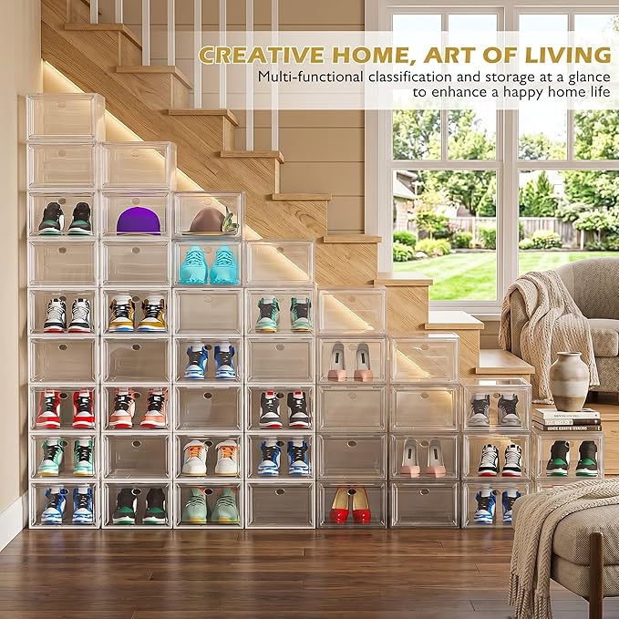 7 code Shoe Organizer, Clear Thickened Stackable Shoe Boxes with Magnetic Door, Collapsible Closet Storage Rack for Sneakers & Boots, 6 Pack White, Virgin Material, Not Recycled Plastic for Household | Thick Plastic Shoe Storage for Sneakers & Boots, C...