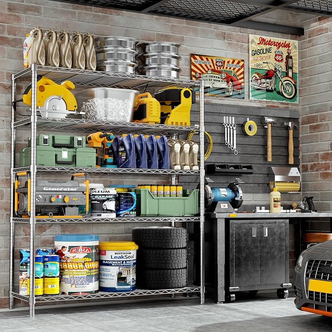 Storage Shelves Heavy Duty, 4 PCS 48" L x 20" W x 72" H Garage Wire Shelving Unit Loads 2000LBS, 5-Tier Adjustable Metal Industrial Utility Shelf Rack for Kitchen, Laundry Room, Warehouse, Basement