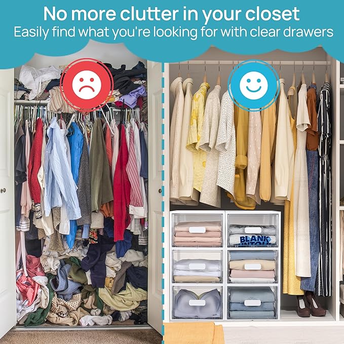 Vtopmart 4 Pack White Stackable Storage Drawers 15QT, Easily Assemble Closet Organizers,Plastic Storage Bins for Bathroom,Cabinet,Kitchen Pantry,Under Sink Organization(Medium)