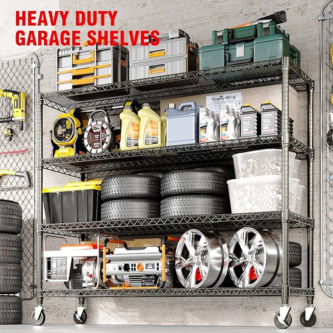Garvee 71.8"H Metal Shelving with Wheels, 4-Tier Storage Shelves Heavy Duty | 2560LBS, Adjustable Wire Shelving Units, Rolling Steel Shelves for Garage Kitchen Industrial Pantry, 59" Wx17.7"D, Black
