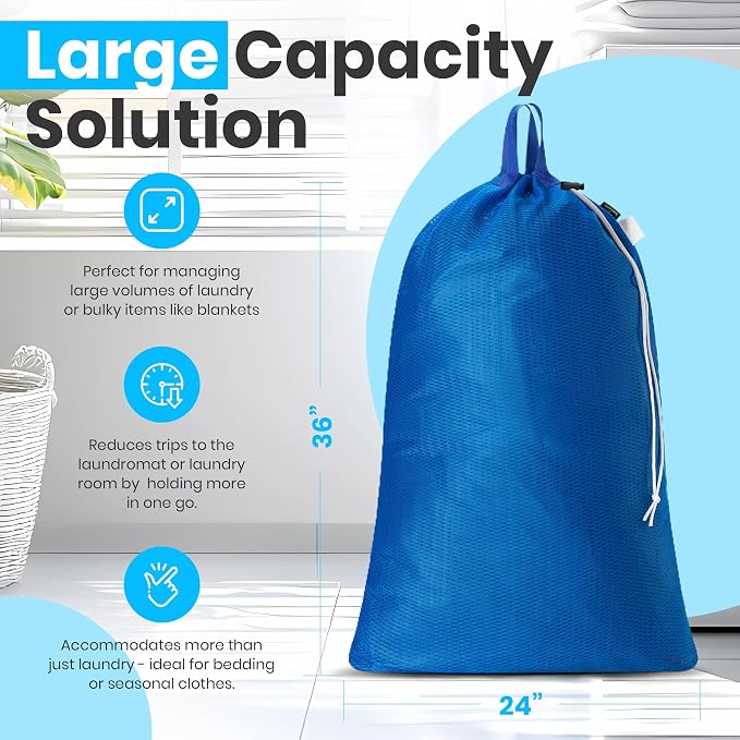 Handy Laundry Mesh XL Laundry Bag 24"x36" 2-Pack with Shoulder Strap, Blue | 2-Pack, XL 24x36 Mesh Laundry Bag, Handles & Shoulder Strap, Breathable, Machine Washable, Dorm Travel Bedding, Blue