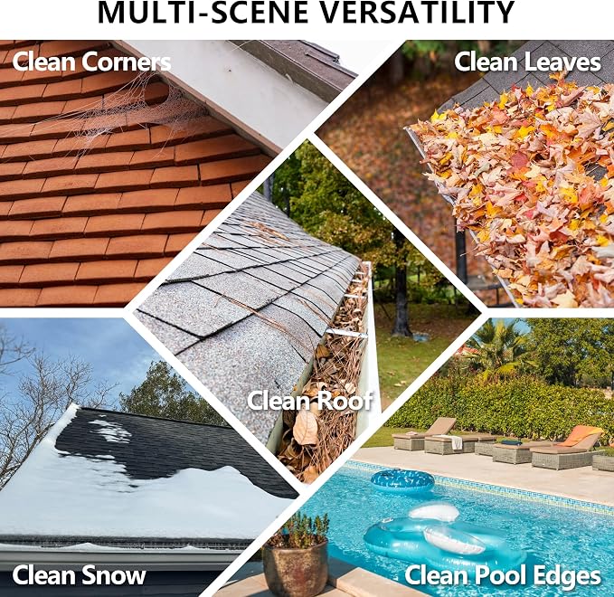 Gutter Cleaning Tools from the Ground, 8.5 FT Dual-Axis Spring Steel Gutter Cleaner, Adjustable Length Gutter Cleaning Pole with Gutter Rake for Leaves, Muck and Roof Debris | Dual-Axis Angle Adjustment