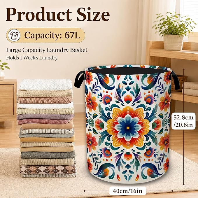 Mexico Folk Floral Large Laundry Hamper, Collapsible Oxford Clothes Basket with Handles, Freestanding Dirty Clothes Organizer for Bedroom Bathroom Dorm Laundry Room, 16 x 20.8 Inch
