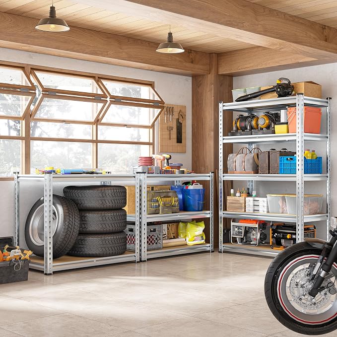 REIBII 5 Tier Garage Shelving for Pantry Garage, Adjustable Storage Shelves | 35.5" W x 11.9" D x 72" H, Holds 2400 Lbs, Silver, 5 Reinforcing Ribs, Steel Frame with Powder Coat, Freestanding