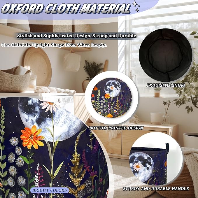Moon Flowers Laundry Basket Oxford Cloth Hamper18.9"x16.5" | Floral Laundry Hamper With Handle Foldable Clothes Storage Basket Moon Laundry Bag For Laundry Room/Bedroom/Bathrooms