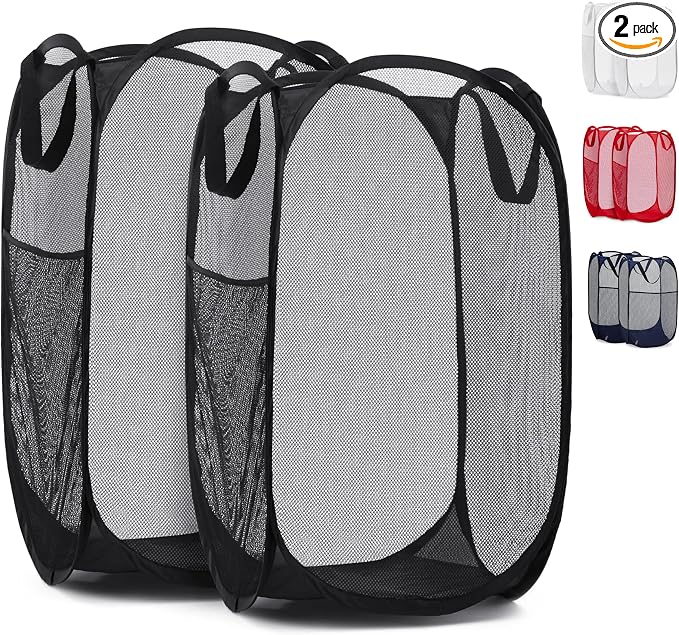 Handy Laundry Collapsible Mesh Pop Up Hamper with Wide Opening and Side Pocket - Breathable, Sturdy, Foldable, and Space-Saving Design for Clothes and Storage (Black | 2-Pack)