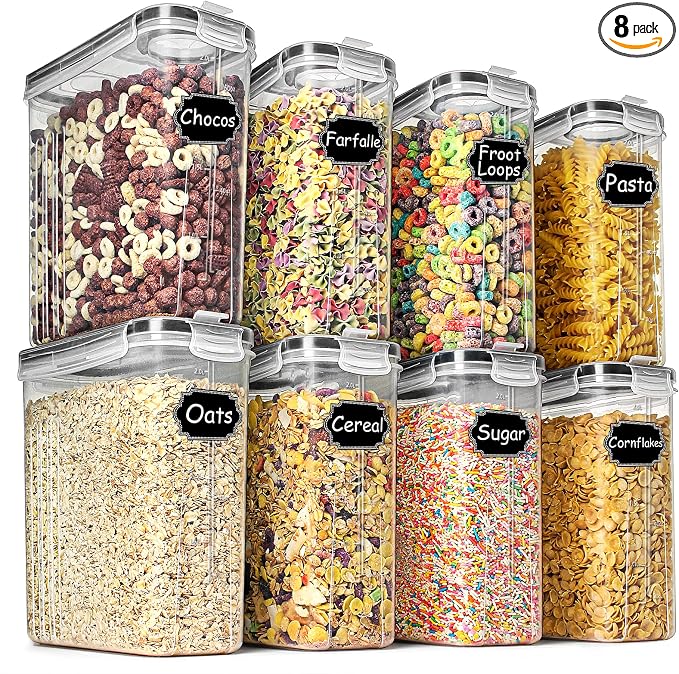 Wildone Airtight Food Storage Containers with Lids | 8pcs Plastic Kitchen and Pantry Organization Canisters for Cereal, Flour and Sugar, BPA Free, Includes 20 Labels, 2.5L/85.4oz