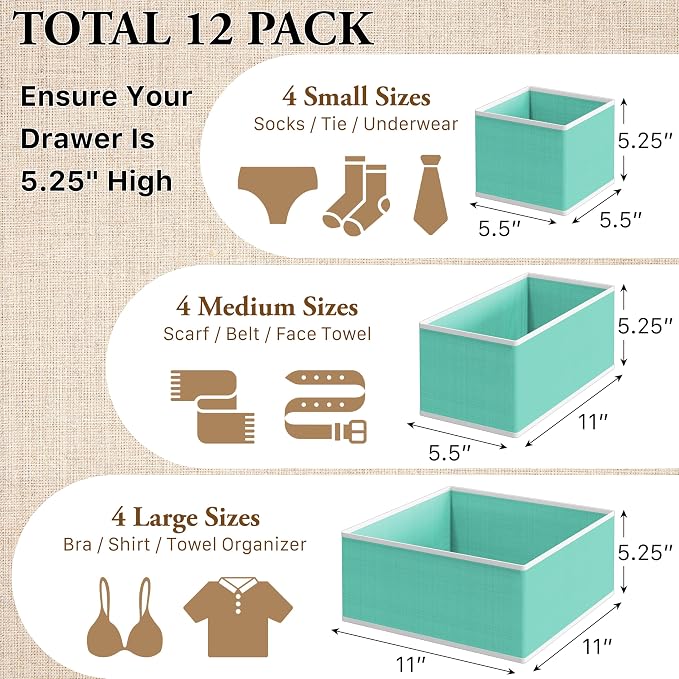 Simple Houseware Foldable Drawer Organizer Bin, Set of 12, Turquoise | Fabric Storage Bins for Clothes, Underwear, Bra, Panty, Socks, Onesies – Closet & Dresser Dividers for Home