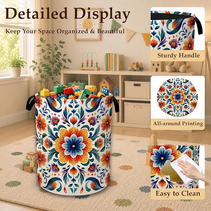 Mexico Folk Floral Large Laundry Hamper, Collapsible Oxford Clothes Basket with Handles, Freestanding Dirty Clothes Organizer for Bedroom Bathroom Dorm Laundry Room, 16 x 20.8 Inch