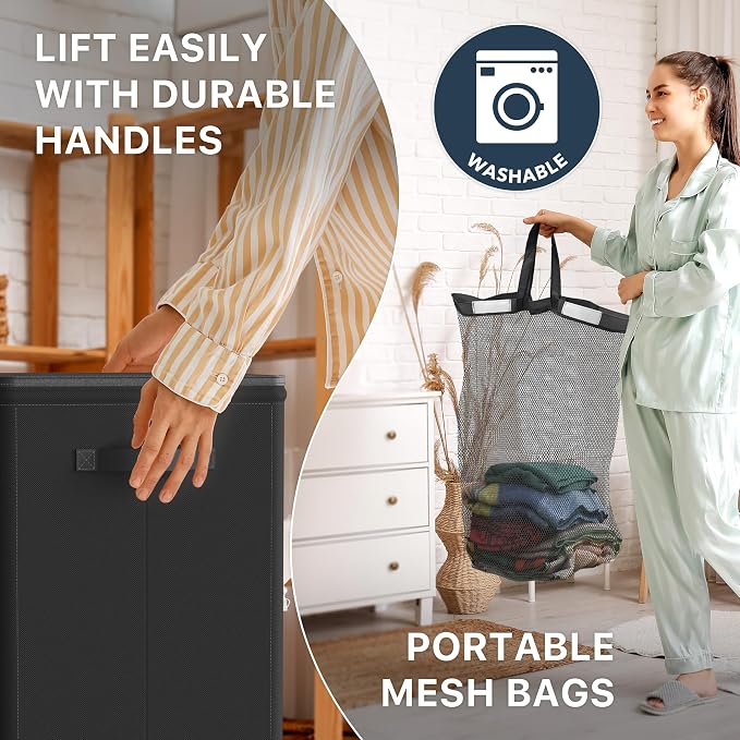 Simple Houseware Foldable Laundry Hamper Basket with Lid and Bag, Black | Heavy Duty 600D Polyester, Water-Resistant Surface