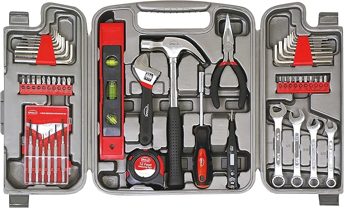 Apollo Tools 53 Piece Home Repair Tool Set with Toolbox Storage Case, Basic Tool Set for General Household Repairs and DIY, Includes Most Useful Hand Tools - Red