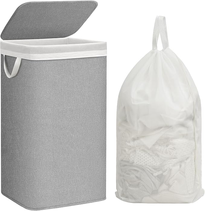 STORAGE MANIAC Metal Frame Laundry Hamper with Lid, 23.7 Gal Tall Laundry Baskets with Removeable Bag, Large Clothes Hamper with PU Tag, Laundry Bin for Dorm, Collage, Bathroom, Bedroom, Gray