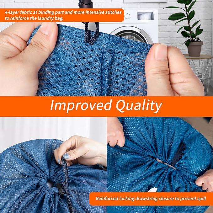 2 Pack Heavy Duty Diamond Mesh Laundry Bag, 24x36", Blue | Drawstring & ID Tag, Breathable Mesh, Machine Washable, Commercial Grade, , For College Dorms, Travel, Sports Equipment