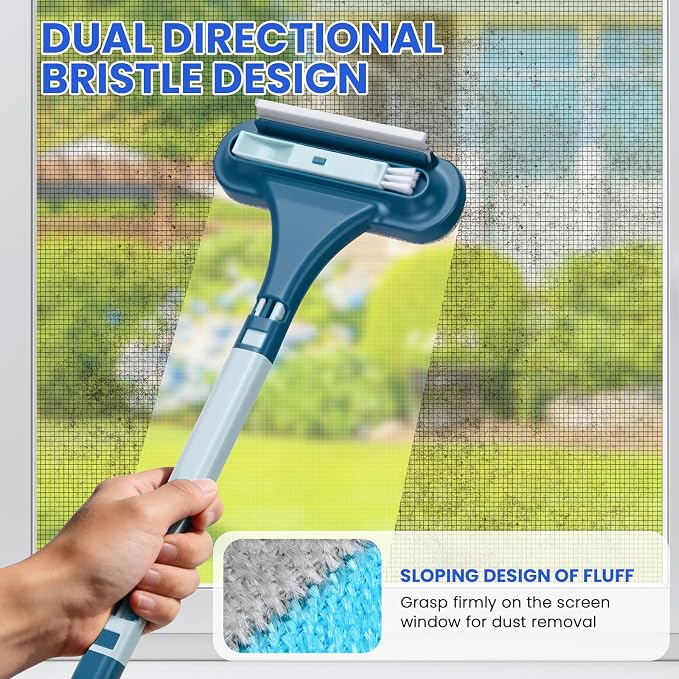 3-in-1 Screen Cleaning Brush with Squeegee - Window Mesh Cleaner & Pet Hair Remover for Couch, Multi-Use Crevice Tool for Patio and Porch Screens (Cyan Blue)