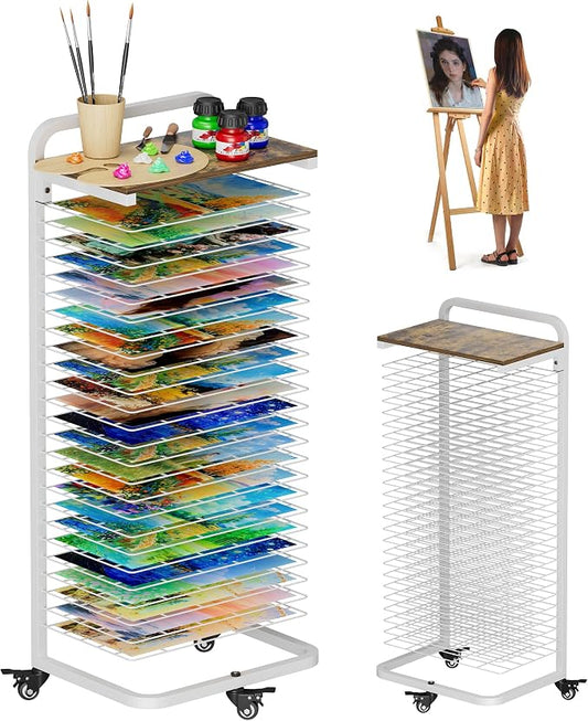 mocomax Art Drying Rack for Painting, Metal Paint Drying Stand, Movable Paint Drying Rack with Lockable Wheels, Art Canvas Storage Rack for Classroom & Art Studio, 25 Removable Shelves with Top, White