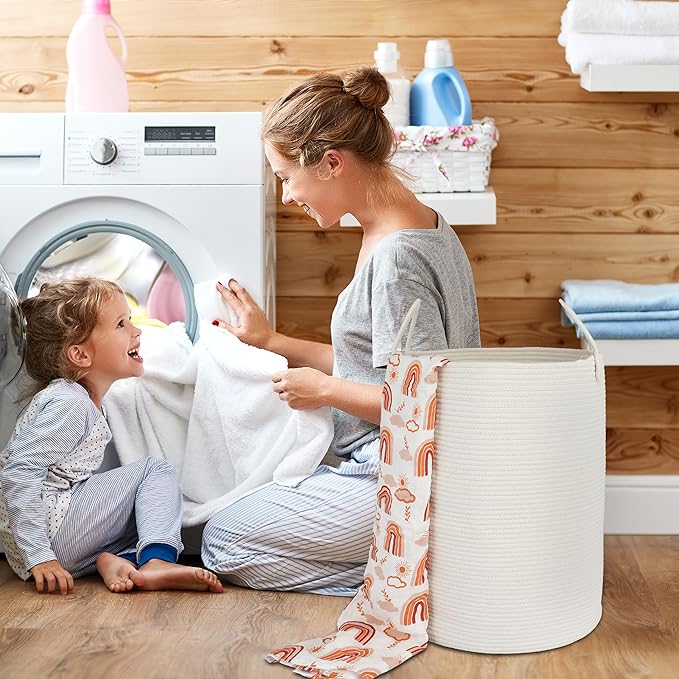 XUANGUO White Cotton Rope Laundry Basket Hamper for Clothes Large | Baby Nursery Hamper Bin and Woven Storage Basket for Living Room Bedroom Boho Tall Rope Baskets Blankets Toys Pillow Towels