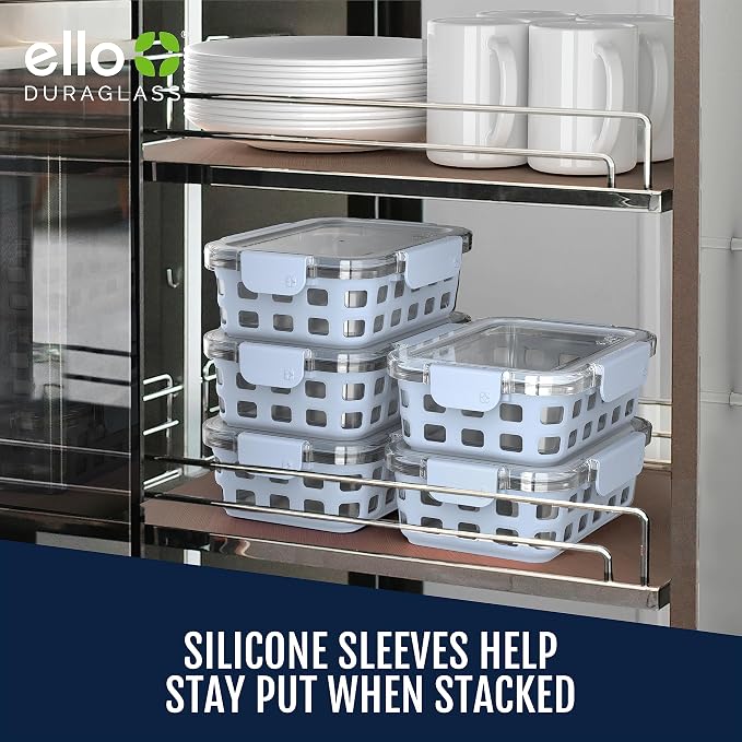 Ello Duraglass 3.4 Cup Meal Prep Sets 10Pc- Glass Food Storage Container with Silicone Sleeve and Airtight BPA-Free Plastic Lids,Dishwasher,Microwave,and Freezer Safe,Halogen Blue,5 Count (Pack of 2)